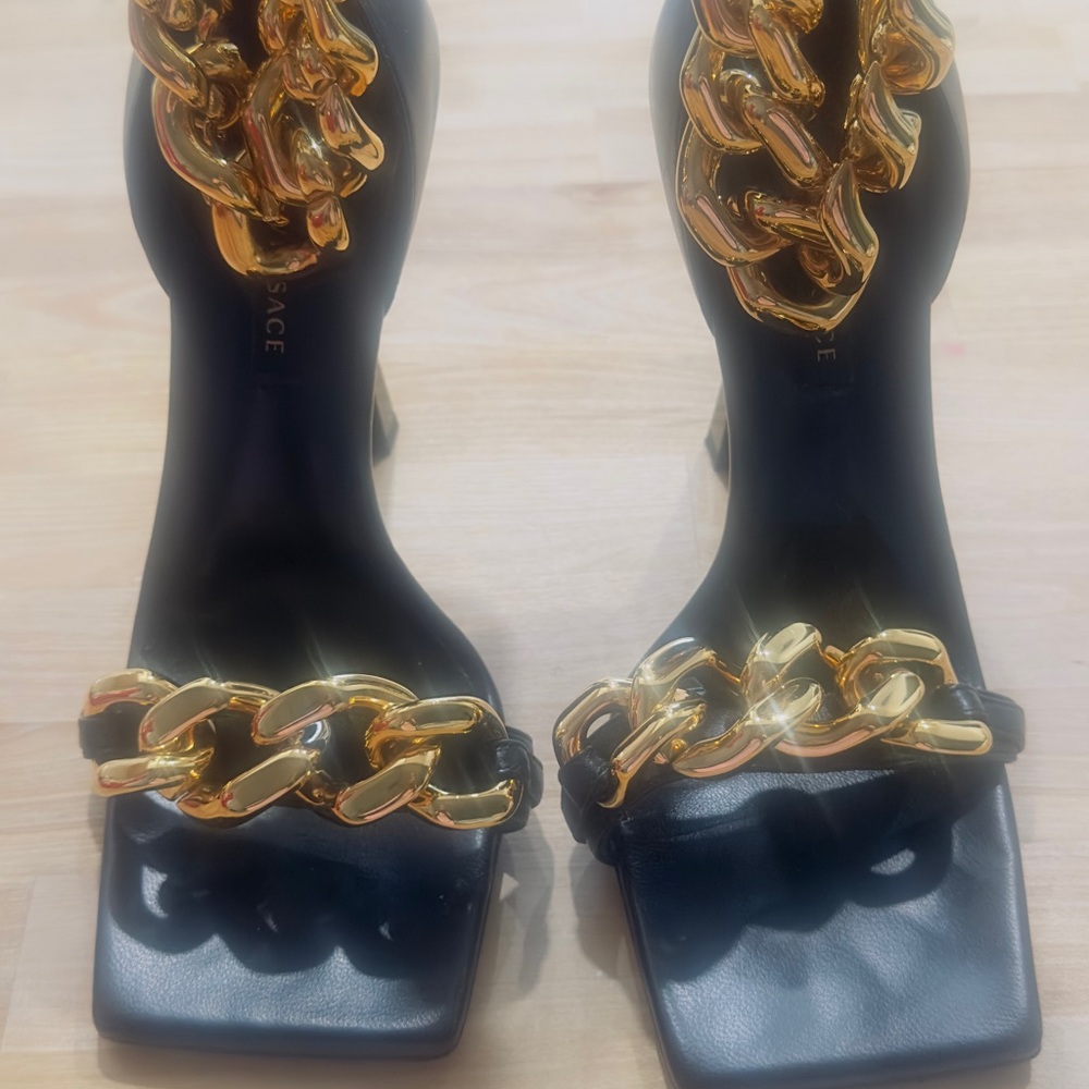 Versace Black Sandals with Gold Chain Detail